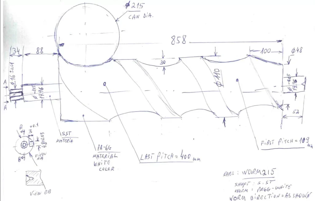 Plano técnico de tornillo sinfín personalizado