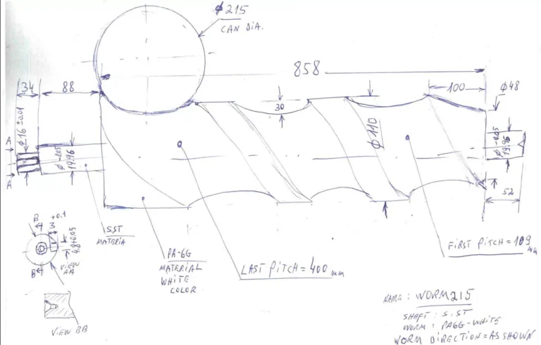 Plano técnico de tornillo sinfín personalizado