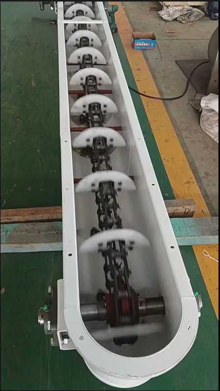 Transportador de cadena tipo U con paletas plásticas para manejo de granos y materiales ligeros a granel