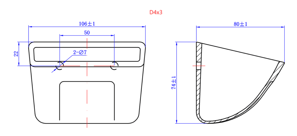 Plano técnico comparativo de cangilones D4x3 y CC4X3