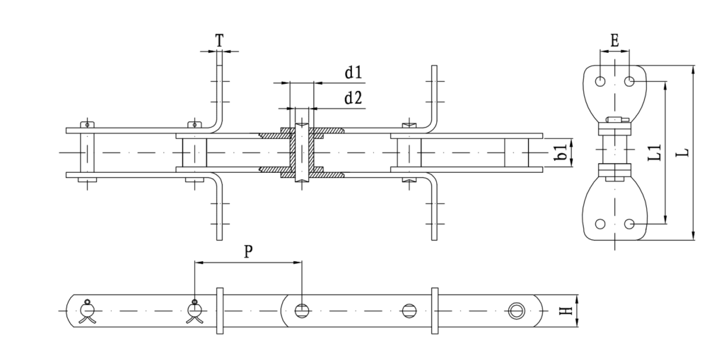 Plano técnico de una cadena transportadora industrial con dimensiones estructurales