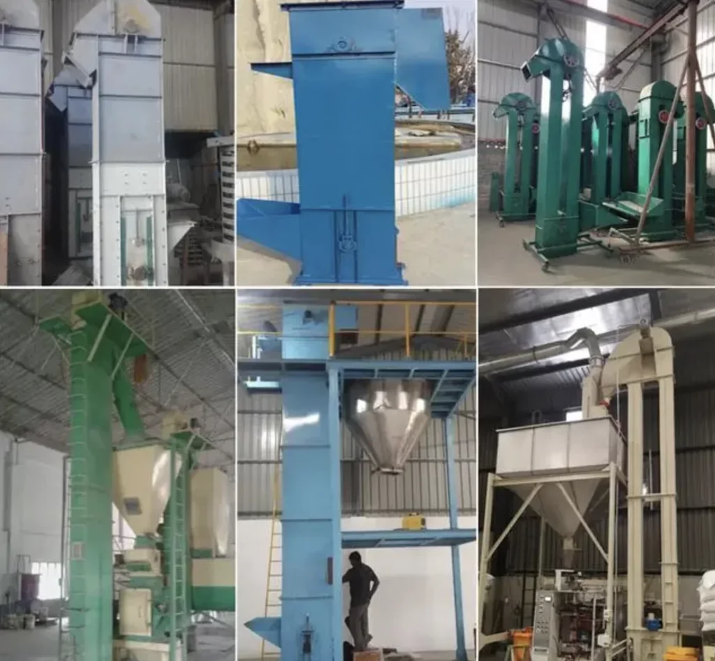Diferentes modelos de elevadores verticales de cangilones utilizados en plantas industriales y procesamiento de granos.