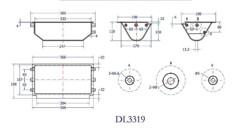 Plano de dimensiones y orificios de montaje lateral del cangilón DL3319